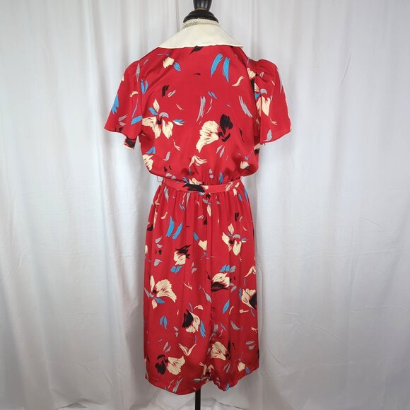 Vintage John Richard Red Dress 6 Small Floral Midi - Picture 7 of 10